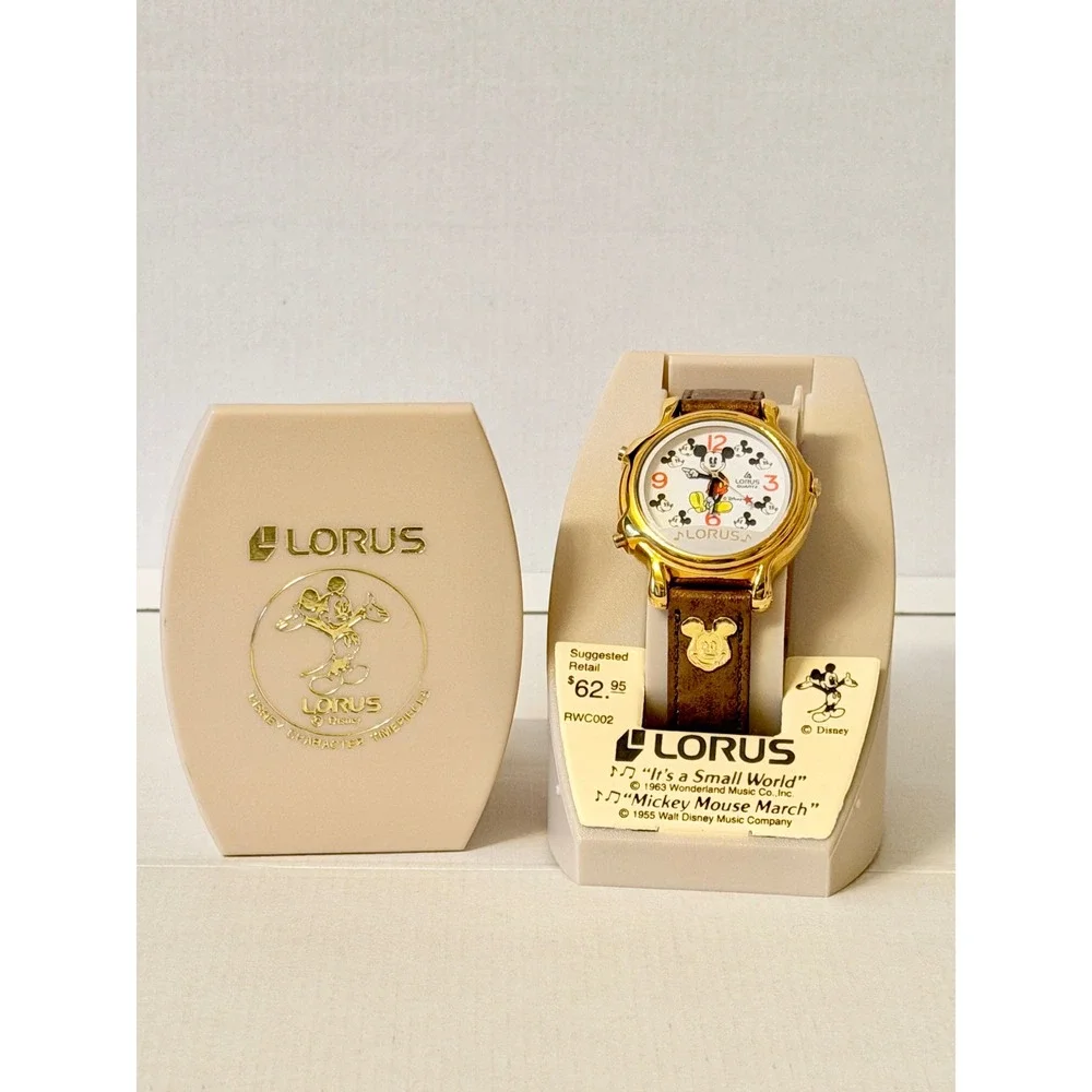Lorus Disney Mickey Mouse Musical Watch RWC002 Gold Tone Leather Boxed Vintage